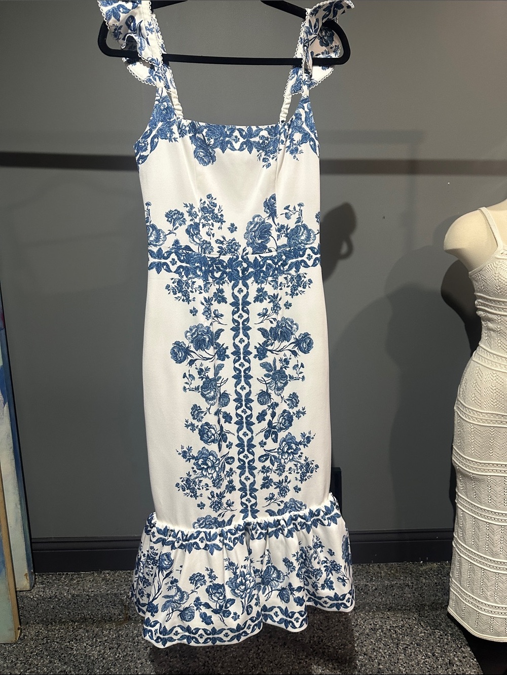 Club L London White Dress with Blue Floral Print and Ruffle Hem